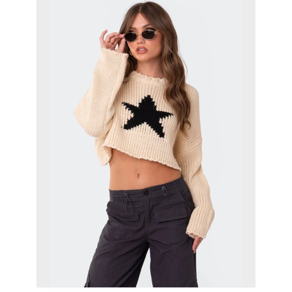 Edikted Cream Star Chunky Knit Cropped Sweater NWT XS/S